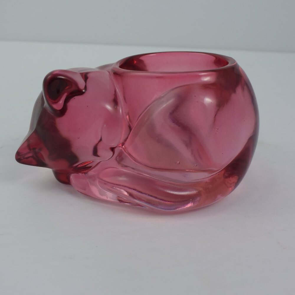 Vintage Indiana Glass Pink Cranberry Sleeping Cat Votive Tealight Holder EUC!